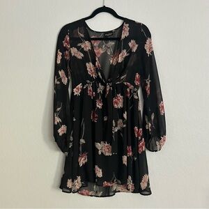 Audrey Tie Front Black Dress with Pink Floral Pattern